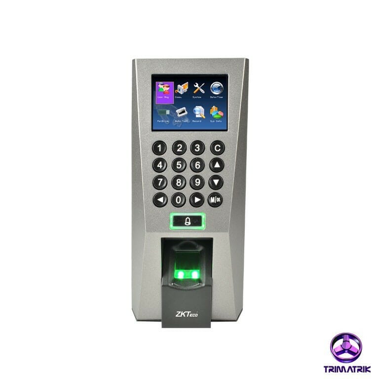 ZKTeco F18 Fingerprint Standalone Access Control and Time Attendance; TFT Color Screen Audio-visual indication for acceptance and rejection of valid/invalid fingerprints. More simple and convenient operation. Slim and Elegant Design Sleek and slim design for narrow spaces. Fast and Accurate Fingerprint Algorithm 1 touch a-second user recognition. Store 3,000 fingerprint templates, 30,000 cards and 100,000 transactions. Full Access Control Features Anti-passback. Webserver. Access control interface for 3rd party electric lock, door sensor, exit button, alarm and doorbell Easy Installation and Connectivity Wiegand input & output. Network interface by TCP/IP or RS485 Easy Operation and Management Work without computer. Buzzer, 4×4 keypads and door bell. Built-in serial and Ethernet ports. Built-in USB port allows for manual data transfer ZKTeco F18 Bangladesh