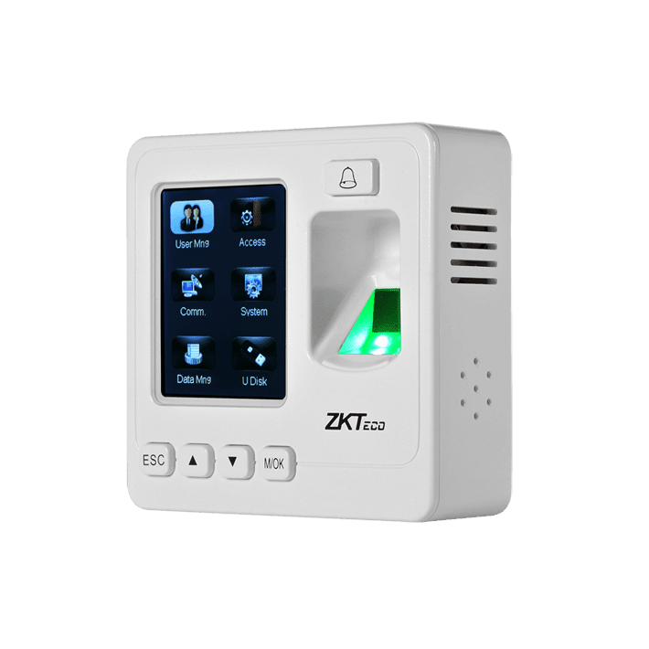 ZKTeco SF100 IP Based Fingerprint Access Control & Time Attendance; • 2.4-inch color display with graphical UI for easy operation • Up to 24 user-defined schedules that can be activated on a daily bell alert (optional) • Prompt audio acceptance or rejection signals for valid or invalid fingers • Compact and lightweight, small size for 86mm (L) x 86mm (H) socket installation • TCP/IP or RS485 communication for various networking environments • Supports USB flash drive for offline data management • Built-in auxiliary input with enhanced flexibility to link with wired detector or emergency switch • Up to 15 multi-verification methods to enhance security level • Standard access control features such as Time zone, Holiday, A&C Group, Unlock combination etc. • Duress Alarm offers effective protection against duress by threats • Tamper proof switch and multiple alarm outputs • Multi-languages display available on request ZKTeco SF100 Bangladesh