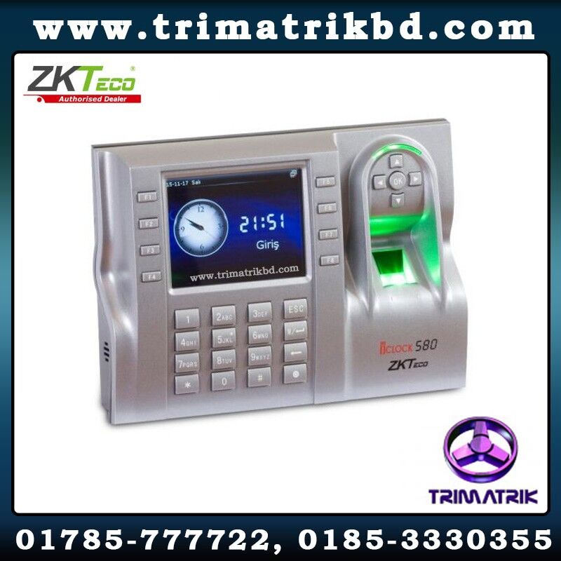 ZKTeco iClock580 Time & Attendance and Access Control Terminal; Time & Attendance and access control device Incorporates ZK fingerprint sensor and optionally RFID reader Stores up to 30.000 users and 8.000 templates. Stores up to 200.000 log records without PC download. Allows communication with PC through Ethernet and USB port Optionally, allows Wifi and GPRS communications Events management (doctor, personal issues, etc…) Time zones, groups and holidays management for access control All European languages (standard texts and voices) included Audio voices (male or female) and text configured by menu Professional firmware with advanced functions as: Photo ID (shows the user photo) Smartmode (automatic Check-In and check-Out). Real-Time (log records communication to server). Background image (set company logo or brand) Advanced log query management Complete events management Mifare technology configured by menu (Key A/B) USB download records (format and data defined by user) Professional SDK (advanced functions) ZKTeco iClock580 Bangladesh, ZKTeco Bangladesh, Trimatrik