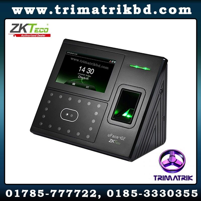 ZKTeco uFace402 Multi-Biometric Time Attendance and Access Control Terminal; uFace 402 Facial multi-biometric time & attendance and access control terminal supports up to 3,000 face templates, 4,000 fingerprint templates and 10,000 cards. With ZKTeco latest hardware platfrom and algorithm, it offers brand new UI and user-friendly operation interface to provide smooth user experience. With advanced face algorithm and multi-biometric verification technology, the terminal's security level of verification is significantly enhanced. ZKTeco uFace402 Bangladesh, ZKTeco Bangladesh, Trimatrik