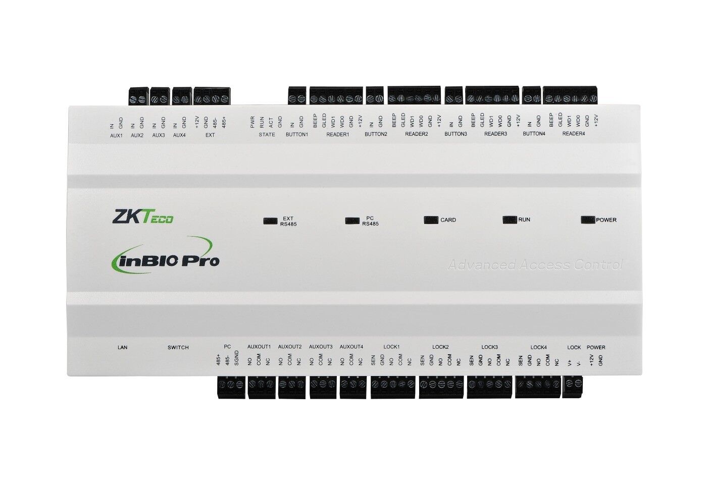 ZKTeco Inbio460 Pro IP-based Biometric Door Access Control Panel; InBio Pro Series is a project oriented high-end product line with unique features such as embedded fingerprint verification and advanced access control functions, which can be managed by TCP/IP communication thru LAN or WAN networks. The InBio Pro Series are the perfect match for ZKBioSecurity web based software platform to provide a full featured biometric security solution. In combination with the FR1300 RS485 reader, the panels can authenticate users under multiple verification modes such as fingerprint, card and password for a higher security level. ZKTeco Inbio460 Pro IP-based Biometric Door Access Control Panel